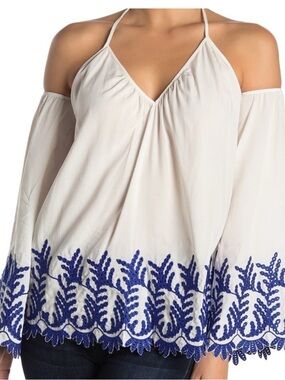 Ramy Brook Cream Cold-Shoulder Swim Coverup with Blue Embroidery